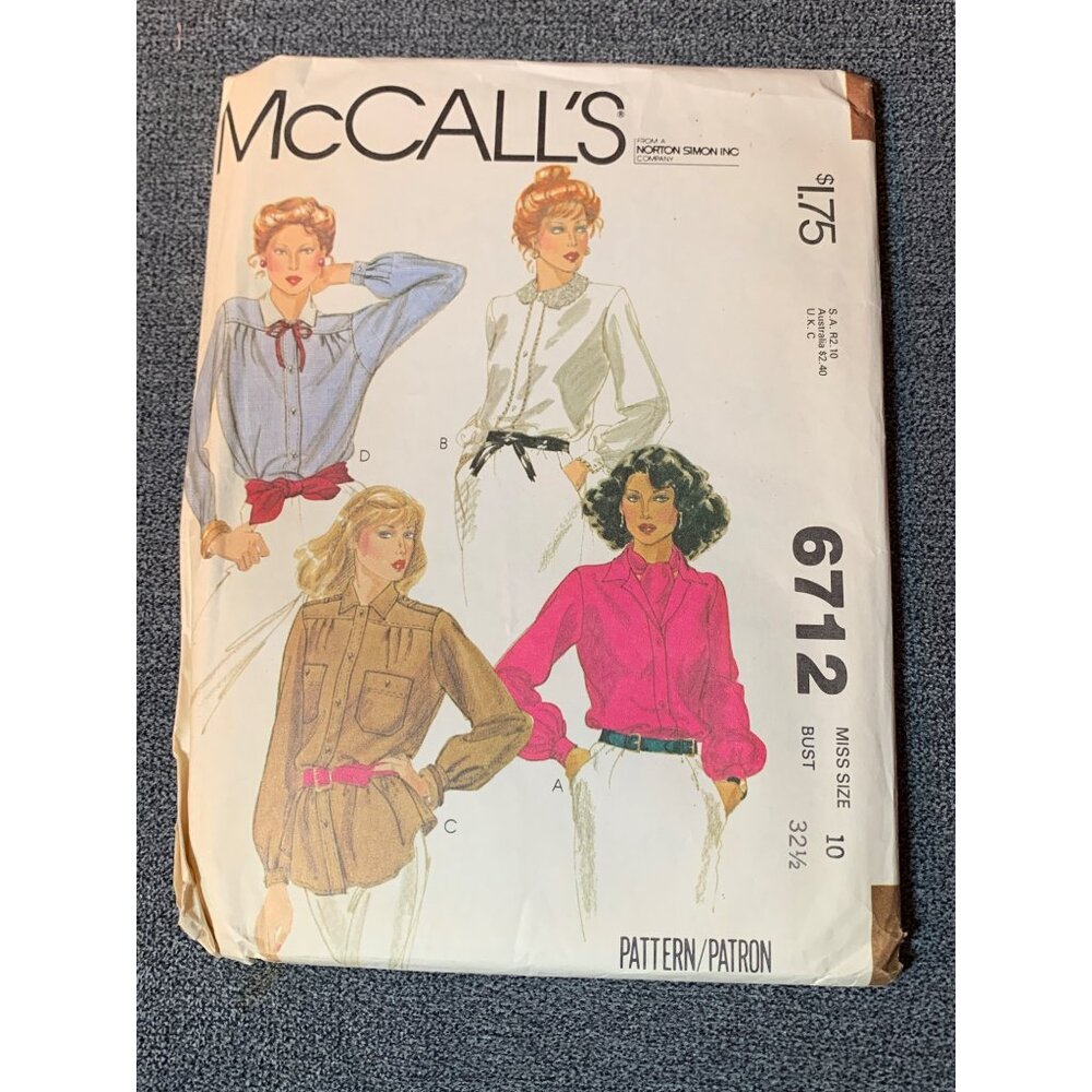 Vintage McCalls 6712 Misses Blouse Sewing Pattern Size 10 Uncut 1979
